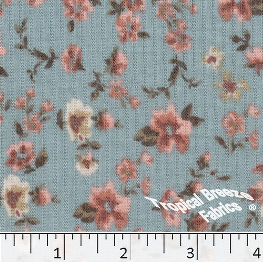Teal Floral Ribbed Knit Fabric