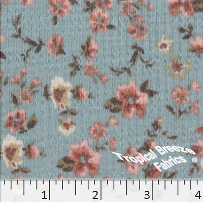 Teal Floral Ribbed Knit Fabric
