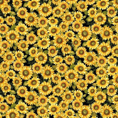 Henry Glass Chicken Shack Sunflowers Quilting Cotton Fabric- Black