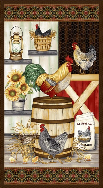 Henry Glass Chicken Shack Panel 24 inch Quilting Cotton Fabric- Black