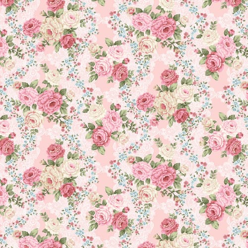 Henry Glass My Victorian Garden Floral and Lace Quilting Cotton Fabric- Pink