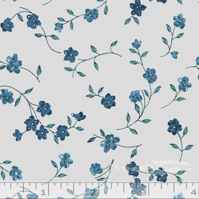 Silver/Blue Sweet Flowers Poly Cotton Fabric - 2 yd 7"