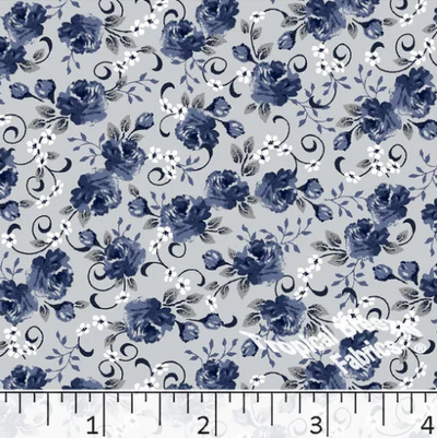 Silver & Blue Roses Poly Cotton Fabric