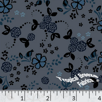 Gray & Blue Flower Garden Poly Cotton Fabric