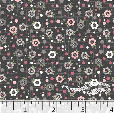Charcoal Floral Grid Poly Cotton Fabric
