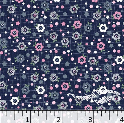 Navy Floral Grid Poly Cotton Fabric