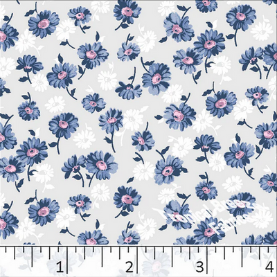 Silver & Blue Scattered Daisies Poly Cotton Fabric