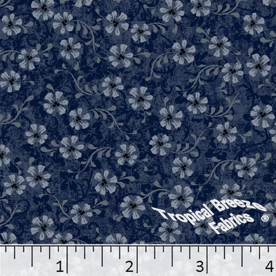 Medium Blue Floral Poly Cotton Fabric - 1/2 yd