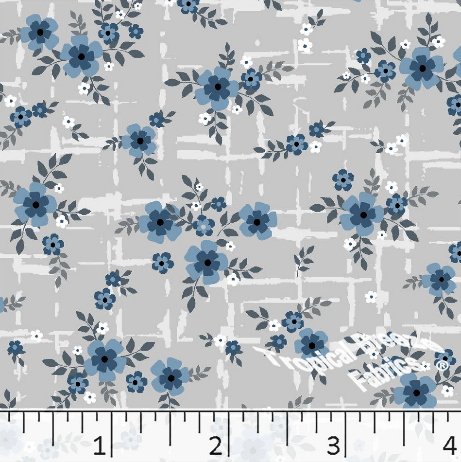 Blue Small Blossoms Floral Poly Cotton Fabric - 1 yd 29"