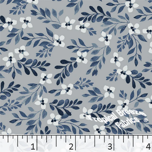 Dark Teal Floral Leaves Poly Cotton Fabric