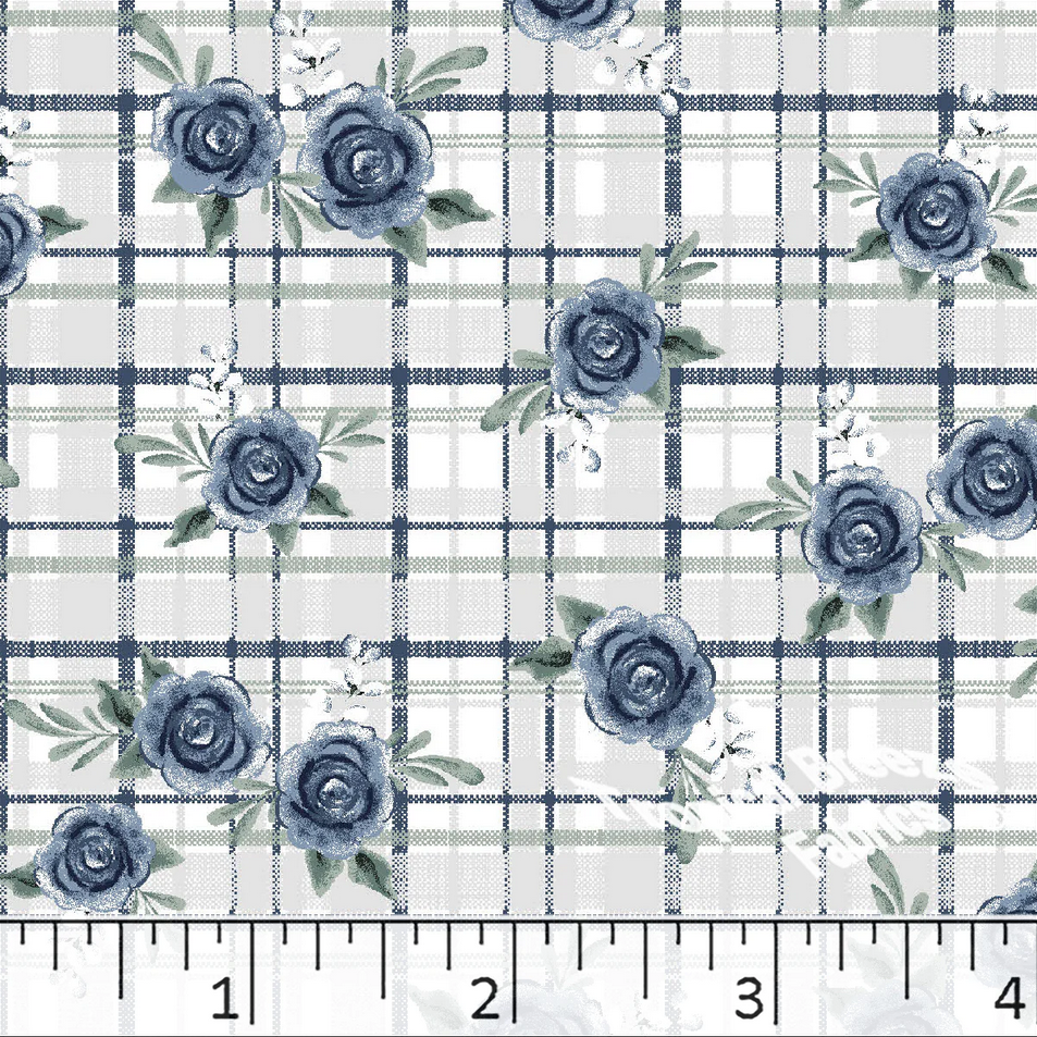 Navy Floral Plaid Poly Cotton Fabric -1/4 yd
