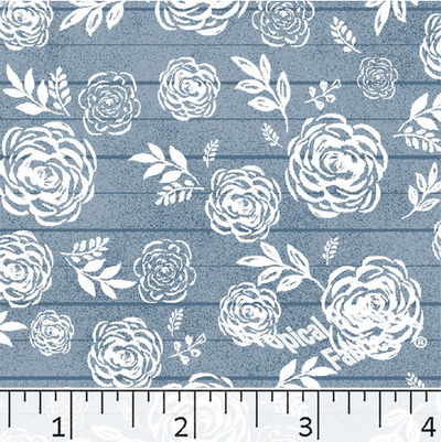 Slate Blue Cabbage Roses Poly Cotton Fabric
