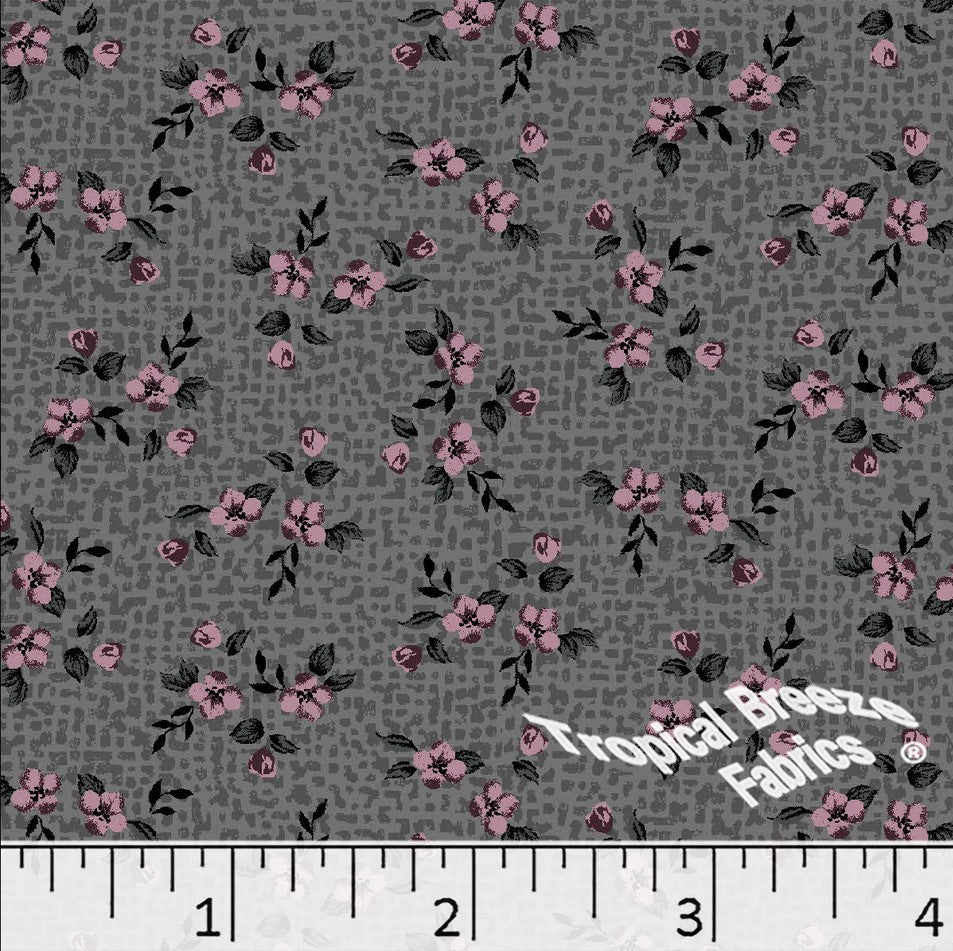 Charcoal Floral Poly Cotton Fabric