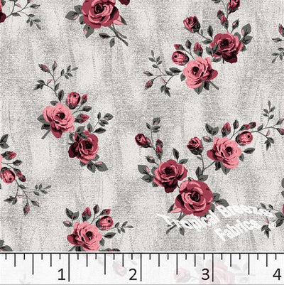 Gray with Burgundy Roses Poly Cotton Fabric