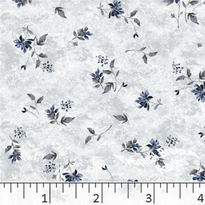 Silver & Blue Scattered Floral Poly Cotton Fabric