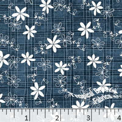Denim Blue Floral Plaid Poly Cotton Fabric