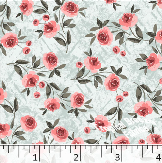 SeaFoam and Peach Roses Poly Cotton Fabric