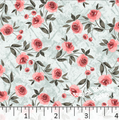 SeaFoam and Peach Roses Poly Cotton Fabric