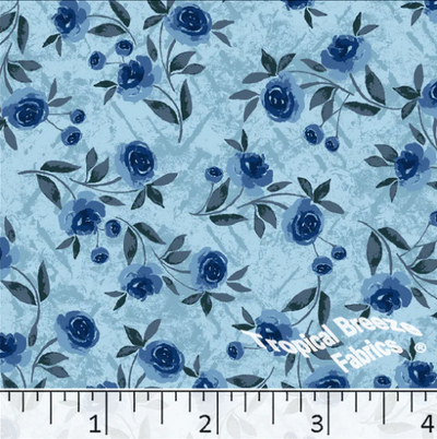 Aqua Blue Roses Poly Cotton Fabric - 34"
