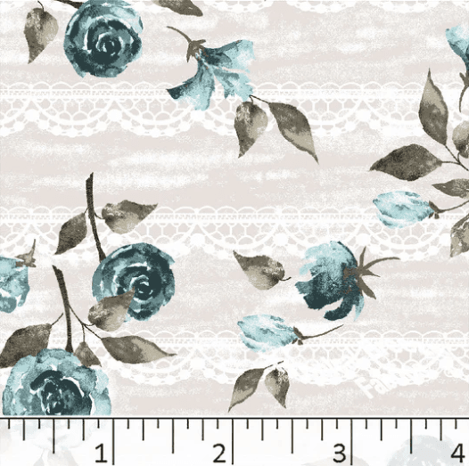 Teal Lace Roses Floral Poly Cotton Fabric