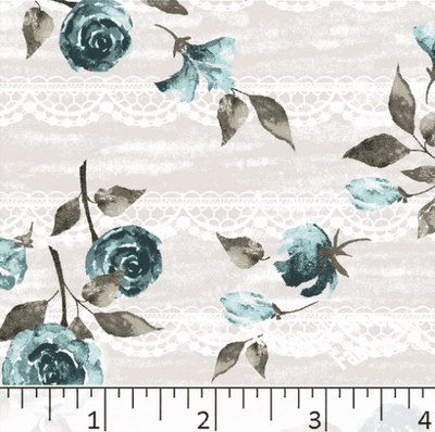 Teal Lace Roses Floral Poly Cotton Fabric