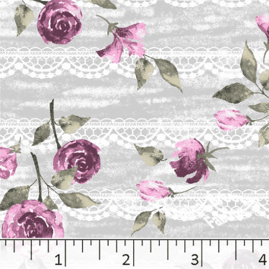 Mauve Lace Roses Floral Poly Cotton Fabric