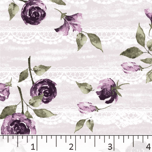 Purple Plum Lace Roses Floral Poly Cotton Fabric