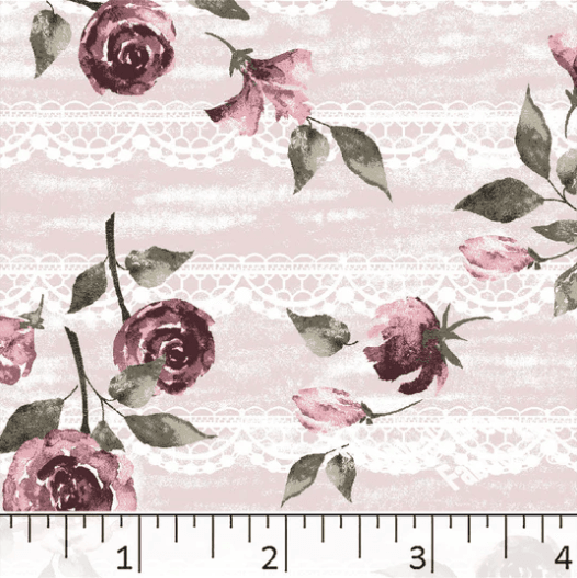 Dusty Rose Lace Roses Floral Poly Cotton Fabric