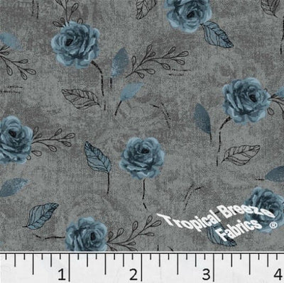 Dusty Blue Sketched Roses Poly Cotton Fabric