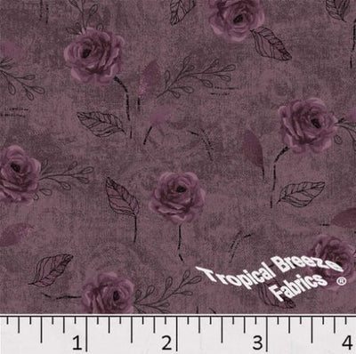 Wine Sketched Roses Poly Cotton Fabric