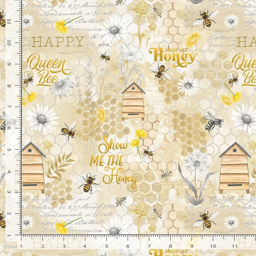 Timeless Treasures Bee Kind Honey Bee Collage Quilting Cotton Fabric- Beige
