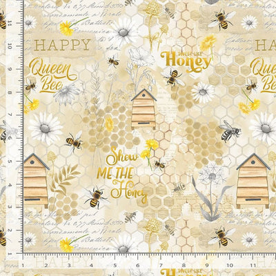 Timeless Treasures Bee Kind Honey Bee Collage Quilting Cotton Fabric- Beige
