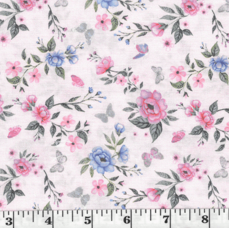 Pink & Blue Roses & Butterflies Poly Cotton Fabric
