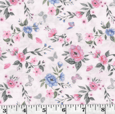 Pink & Blue Roses & Butterflies Poly Cotton Fabric