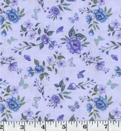 Purple Roses & Butterflies Poly Cotton Fabric