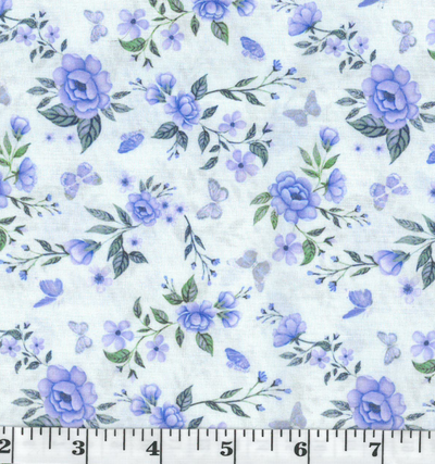 Mint with Lavender Roses & Butterflies Poly Cotton Fabric