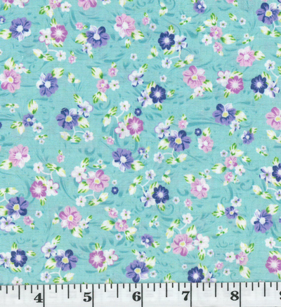 Seafoam with Pink & Purple Flowers Poly Cotton Fabric