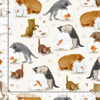 Timeless Treasures Cats & Fish Bowl Quilting Cotton Fabric- Cream