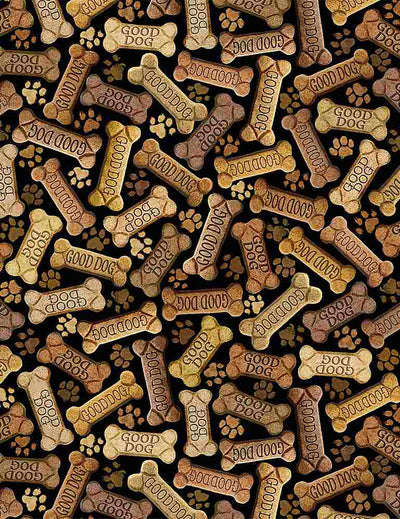 17" Remnant Timeless Treasures Friends Fur-Ever Tossed Dog Bones Quilting Cotton Fabric- Black
