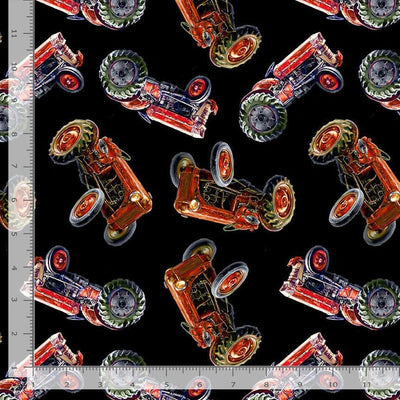 Timeless Treasures Rolling Hills Tossed Farm Tractors Quilting Cotton Fabric- Black