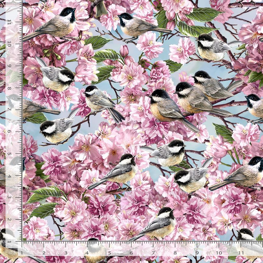 Timeless Treasures Chickadee on Blossom Tree Quilting Cotton Fabric- Blue