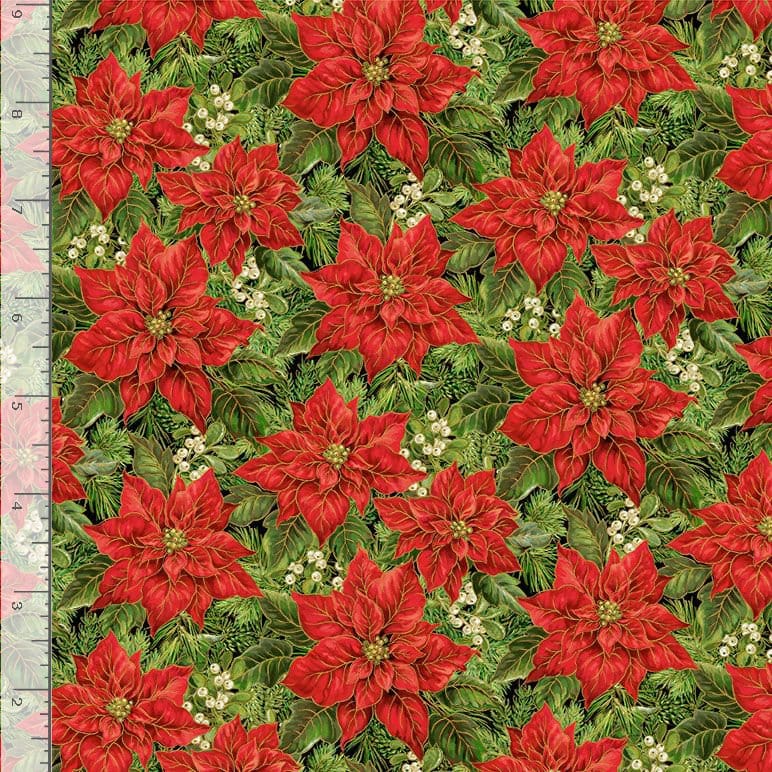 Timeless Treasures Joyful Packed Poinsettia & Leaves Quilting Cotton Fabric- Green