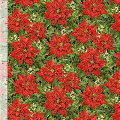 Timeless Treasures Joyful Packed Poinsettia & Leaves Quilting Cotton Fabric- Green