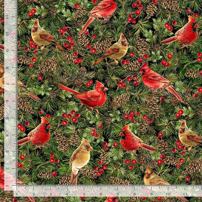 Timeless Treasures Joyful Cardinals Mettalic Quilting Cotton Fabric- Cardinal