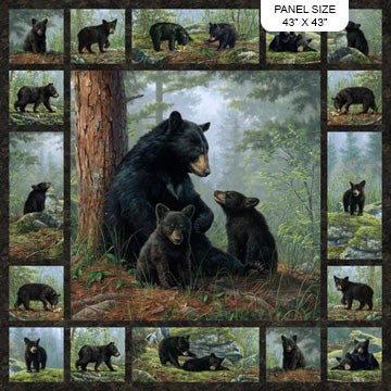 Northcott Bear's Den Bear Panel 43"x43" Quilting Cotton Fabric- Black Multi