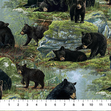 Northcott Bear's Den Bear Scenic Quilting Cotton Fabric- Black Multi