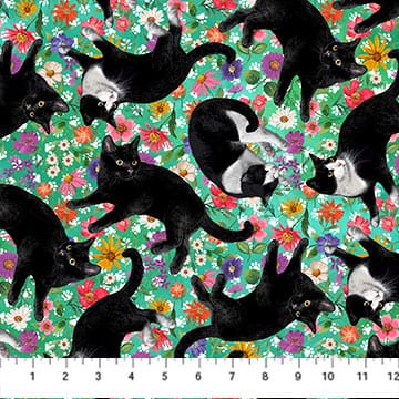 Northcott Hide and Seek Tossed Cats Quilting Cotton Fabric- Green Multi