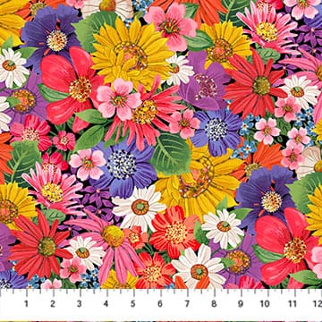 Northcott Hide and Seek Large Floral Quilting Cotton Fabric- Red Multi