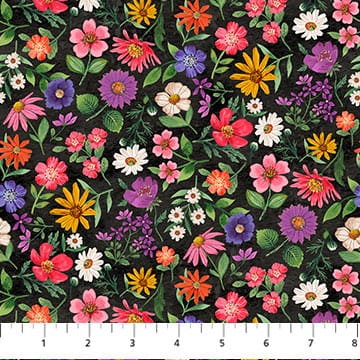 Northcott Hide and Seek Small Floral Quilting Cotton Fabric- Black Multi