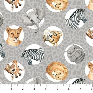 Northcott Wild One Animal Heads Quilting Cotton Fabric- Medium Gray Multi